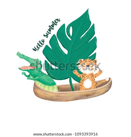 crocodile tiger in boat cute digital clip art cat with ribbons cute animal and flowers for card, posters, on white background