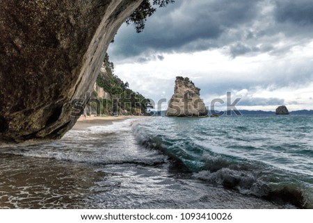 Big rock on Cathedral Cove beach, Coromandel Peninsula, New Zealand