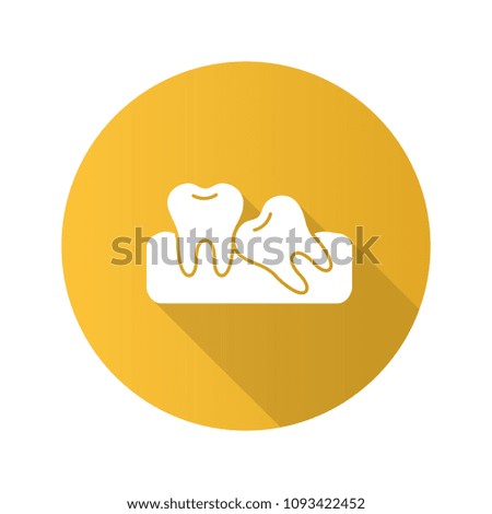 Crooked teeth flat design long shadow glyph icon. Malocclusion. Wisdom tooth problem. Raster silhouette illustration