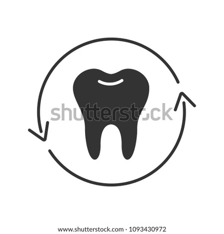 Teeth restoration glyph icon. Dentistry. Tooth in circle arrow. Silhouette symbol. Negative space. Raster isolated illustration