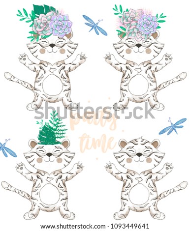 tiger digital clip art cute animal and flowers.. Party Time text. Greeting Celebration Birthday Card Funny african wildlife Kid style Bounquet on white background