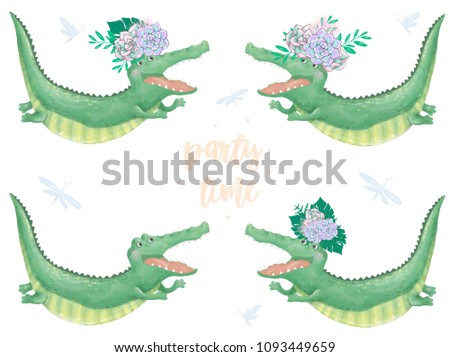 crocodile digital clip art cute animal and flowers. Flying Croc. Party Time text. Greeting Celebration Birthday Card Funny african summer wildlife Kid style Bounquet on white background
