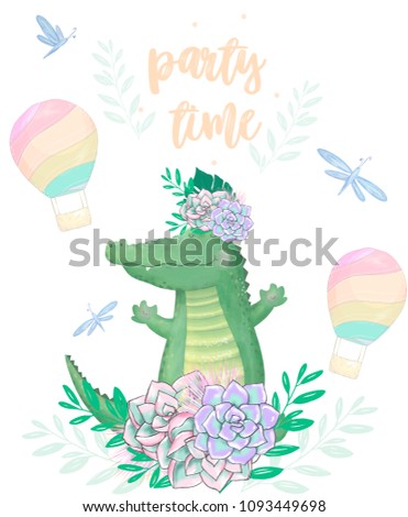 crocodile digital clip art cute animal and flowers. Flying Croc. Party Time text. Greeting Celebration Birthday Card Funny african wildlife Kid style Bounquet on white background