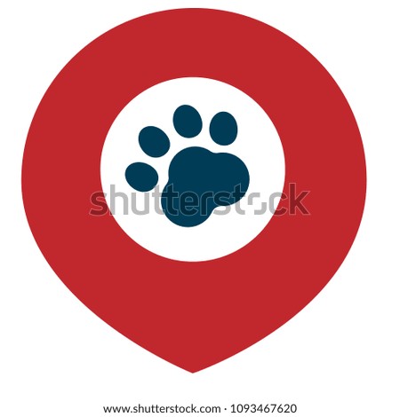 Dog paw map point sign, vector illustration. Pet here map pointer