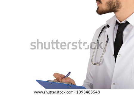 Close shot of a doctor wearing his uniform and holding a clipboard and pen writing a description and he is looking away, isolated on white background