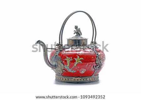 Late Qing dynasty style teapot, isolated on white background. Translation : Chinese character/ Chinese alphabet on the teapot meaning is Happiness