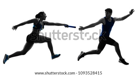 athletics relay runners sprinters running runners in silhouette isolated on white background Royalty-Free Stock Photo #1093528415