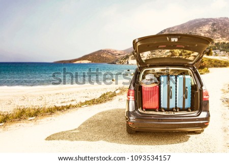 Beach landscape and summer car with suitcase. Free space for your decoration. 