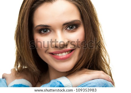 Young woman portrait with toothy smile isolated on white background