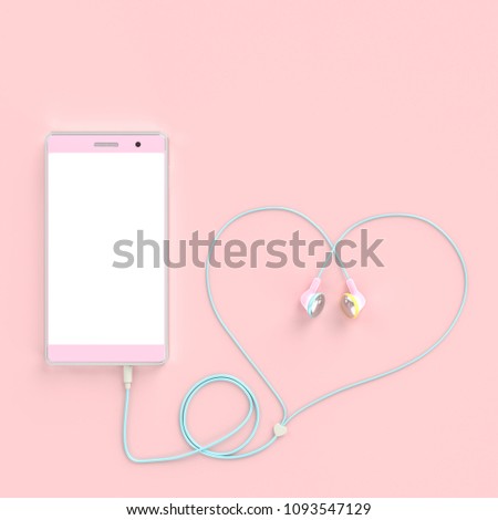 smart phone pastel pink color and earphones wire heart shape on pastel pink background. clipping path and copy space for your text, love concept. 3d render