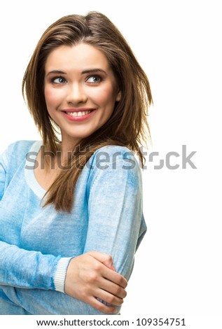 happy woman with big smile, studio white background isolated portrait