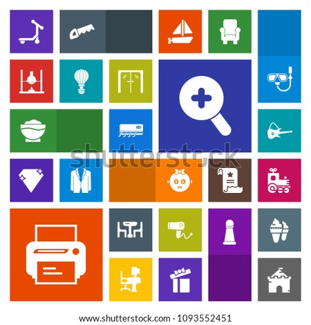 Modern, simple, colorful vector icon set with travel, air, blow, medieval, food, sad, musical, scooter, glass, cute, science, child, building, tower, chef, printer, hairdryer, toy, train icons