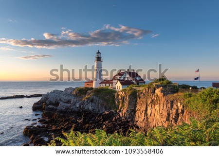 Sunrise at Portland Head Lighthouse in Cape Elizabeth, New England, Maine, USA.
