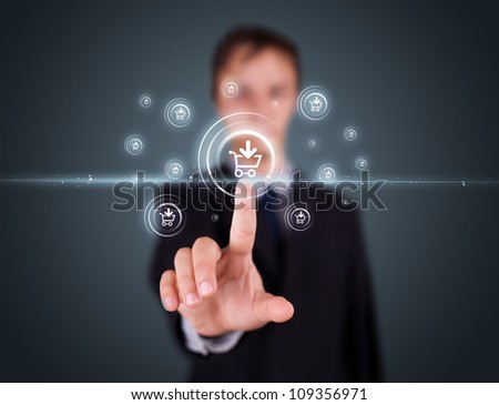Businessman pressing promotion and shipping type of modern buttons