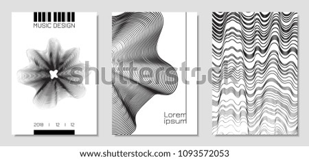Cover Design Templates Set with Wavy Stripes in Modern Style. Movement. Abstract Backgrounds with Distorted Flow Lines and Text. Trendy Covers for Brochure, Magazine, Presentation, Music Poster, Book.