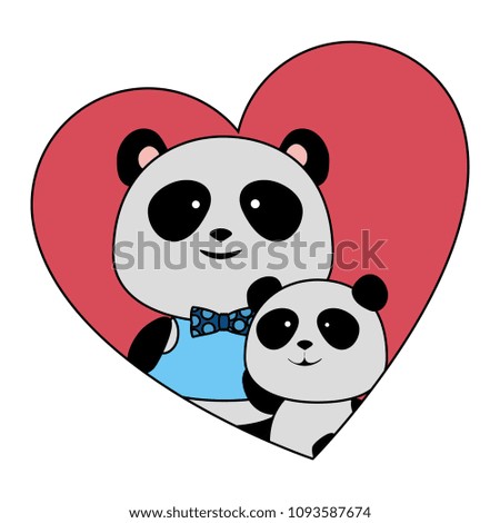 cute father and son panda bears in heart characters