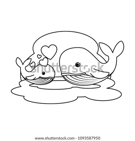 cute mother and son whales with hearts characters
