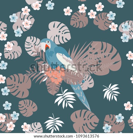Beautiful tropical seamless pattern with parrot and leaves. Fashionable background with a parrot and flowers. Jungle. Tropical birds.