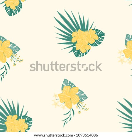 Beautiful tropical seamless pattern with flowers and leaves. Flowers of the jungle. Summer background with tropical leaves and flowers for fabric, wallpaper and cover