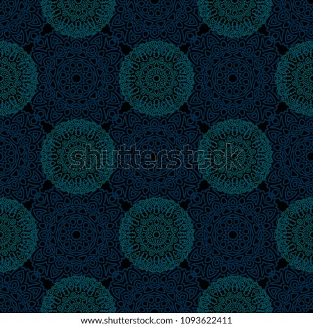Damask Seamless Pattern. Ethnic Rapport for Textile, Fabric, Wallpaper. Seamless Background with Lacy Grid made of Mandalas. Green Orient Texture