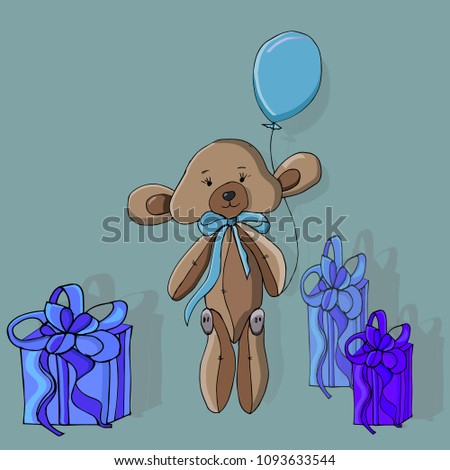 Cute traditional, retro style teddy bear character standing, smiling and greeting, cartoon vector.Vintage bear with baloon. 