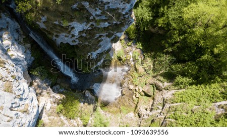 Vanatarile Ponorului waterfall in Apuseni mountains, Romania, as seen from 100 meters above. Shot taken with a drone.