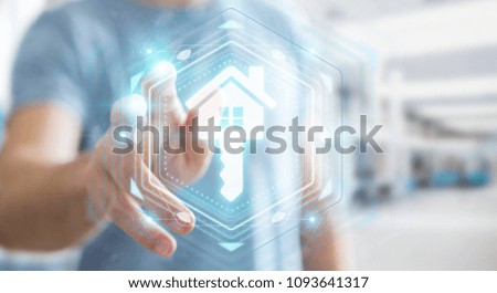 Businessman on blurred background using real estate digital interface 3D rendering