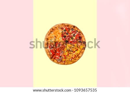 Creative picture of international pizza on yellow background. Delivery