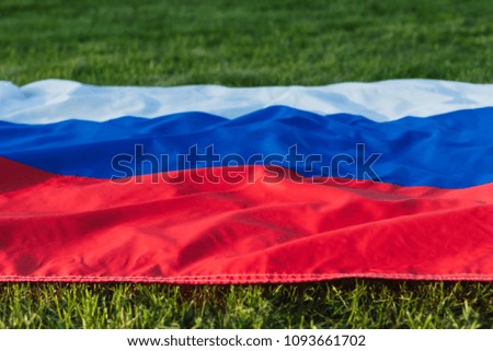 Russian flag lying on the green grass, toned