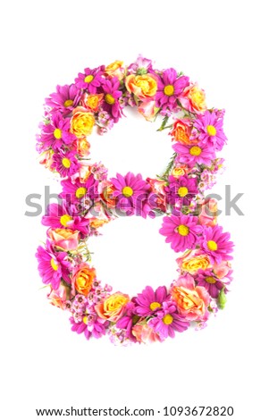 letters and numbers made from live flowers isolated on white background, make text with flowers alphabet, exclusive idea for graphic
