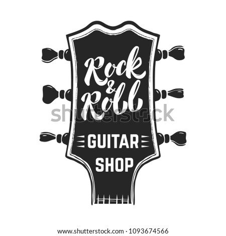 Rock and roll. Guitar headstock with lettering. Design elements for logo, label, emblem, sign, poster. Vector image