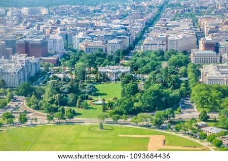 Aerial view of Washington DC skyline with the White House from the Washington Monument.