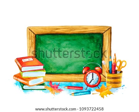Watercolor illustration of a blackboard with school supplies