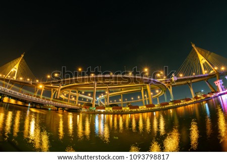 High resolution panorama scene of suspension bridge in Thailand (Bhumibol bridge)
