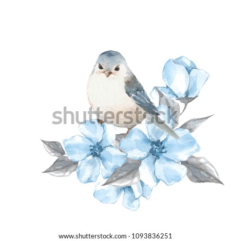 Bird and blue flowers. Watercolor illustration