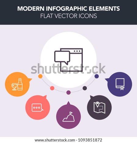 Modern, simple, colorful vector infographic background with dialog, message, encyclopedia, winery, textbook, nature, school, bottle, alcohol, red, restaurant, literature, wineglass, speech, book icons
