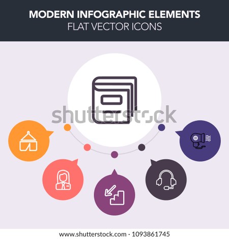 Modern, simple, colorful vector infographic background with tent, learning, down, employer, outdoor, downstairs, dryer, audio, hot, hair, female, book, fan, support, hiking, air, communication icons