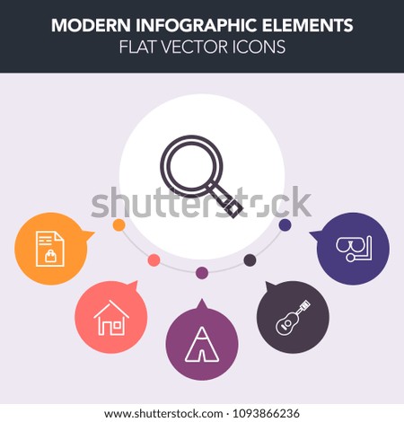 Modern, simple, colorful vector infographic background with drum, house, home, search, adventure, grocery, find, web, note, magnifying, beach, snorkel, supermarket, notebook, sport, store, food icons