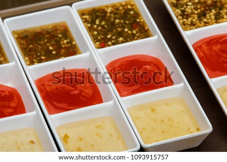 Sauces in Plate Set Chili, Seafood and Salad Cream.