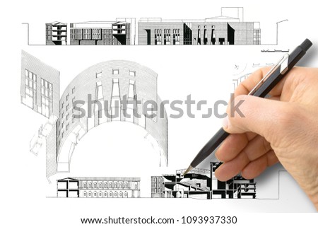 Design a new city - Hand drawing with a pencil a sketch of a new modern town an interiors - concept image - The design of the people is imaginary