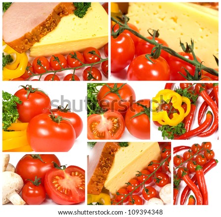 Collection of images of food : vegetables , ham and cheese