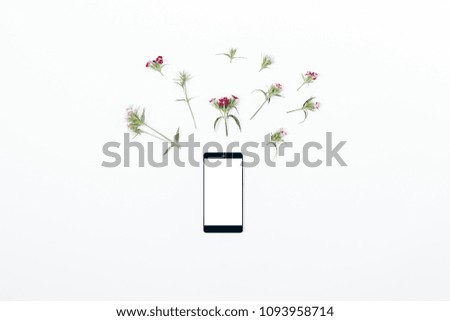 Top view composition of smart phone with blank screen and little pink flowers over it. Flat lay minimal summer concept mobile device on white background.