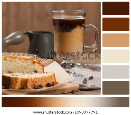 Home Baked Chocolate Chip Bread. Coffee. Palette With Complimentary Color Swatches
