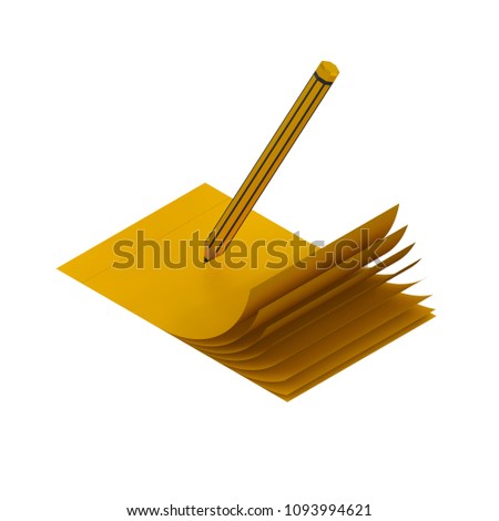3D Rendering isometric folded post note paper sheet or sticky sticker and pencil on isolated white background with clipping path.