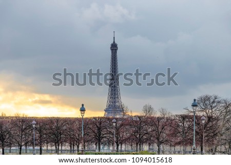 Winter landscape view of Tuileries gardens at sunset with Eiffel Tower in the background