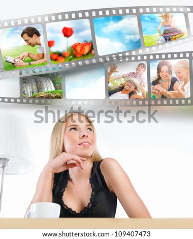 Young woman has images around her head representing entertainment media technology on a white background.