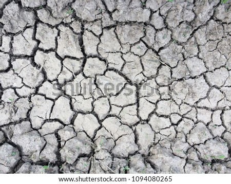 Dry cracking earth texture. Parched monochrome soil background. Black and white broken ground picture. Desert fracture top view image.