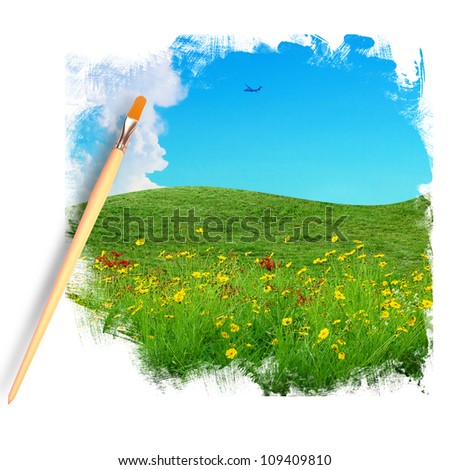 artist brush painting picture of flower field and blue sky