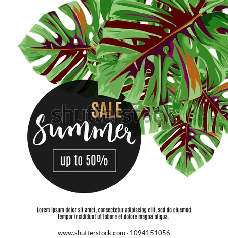 Sale banner, poster with jungle palm leaves. Bright vector tropical summer background.
