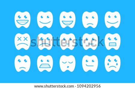Happy teeth set. flat style. isolated on blue background